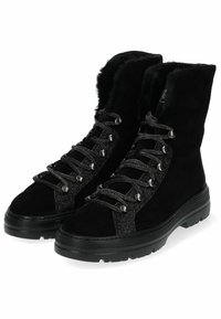 Black suede boots with a high-top design, featuring sparkly laces and metallic eyelets. Textured accents enhance durability and grip.