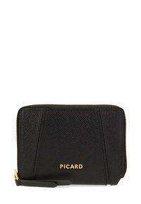Black leather wallet with a textured pattern, gold zipper and logo, featuring a wrist strap and angular design elements.