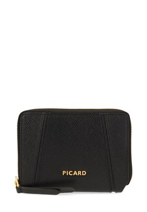 Black leather wallet with a textured pattern, gold zipper and logo, featuring a wrist strap and angular design elements.