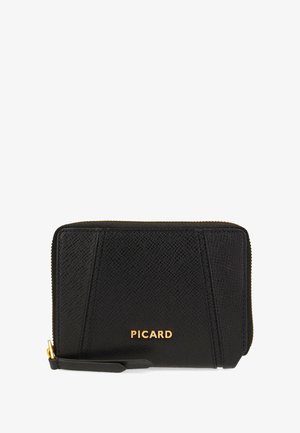 Black leather wallet with a textured pattern, gold zipper and logo, featuring a wrist strap and angular design elements.