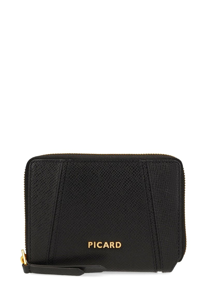 Black leather wallet with a textured pattern, gold zipper and logo, featuring a wrist strap and angular design elements.