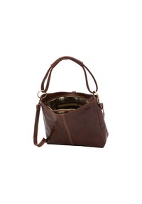 Braune Lederhandtasche mit strukturiertem Design, ausgestattet mit zwei Griffen und einem verstellbaren Tragriemen. Das Innere zeigt ein gemustertes Futter.
