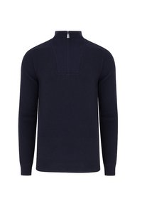 Granatowy sweter dzianinowy z wysokim kołnierzem i zamkiem z tyłu. Posiada prążkowaną teksturę i prosty dół. Długie rękawy i dopasowany krój.
