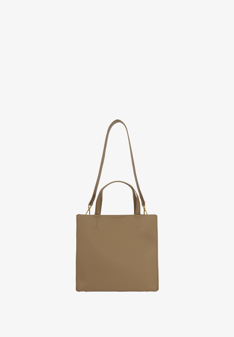 Geantă tote din piele bej cu două mânere și o curea de umăr ajustabilă. Suprafață texturată cu un design minimal și accente din metal aurit.