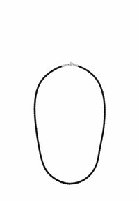 Collana nera intrecciata con chiusura in argento, superficie liscia, spessore uniforme e design semplice e minimalista.