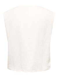 Haut sans manches blanc texturé avec une coupe ample et carrée et un col rond, vu de dos.