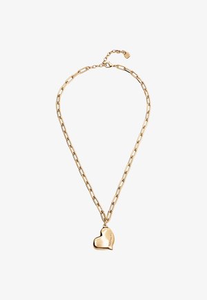 Collar de cadena de oro con eslabones rectangulares y un colgante liso en forma de corazón grabado con "UNOde50".