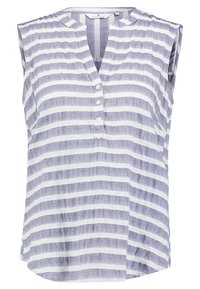 Blusa sin mangas en rayas azules claras y blancas, con escote en v y detalle de botones en la parte frontal, confeccionada con tela ligera.