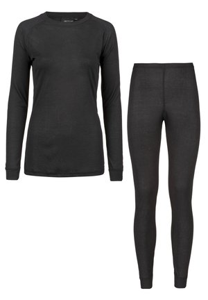 Sort termisk langærmet top og matchende leggings, ribbet tekstur, tætsiddende design, rund halsudskæring og lange ærmer for varme.