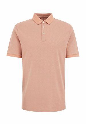 Helles rosa Polohemd mit einer weichen Textur, einem Kragen, einer Drei-Knopf-Leiste und einem subtilen geometrischen Muster. Kurze Ärmel.