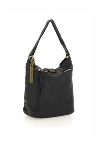 Borsa a spalla in pelle nera con lato testurizzato, hardware dorato, tasche con zip e una tracolla robusta. Presenta un'etichetta con logo per un tocco di stile.