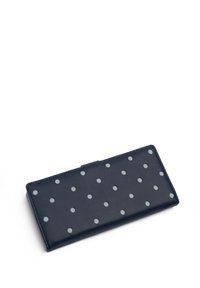 Navy leather wallet with a textured surface, featuring silver polka dots and a rectangular shape. Closure is a flap design with no visible hardware.