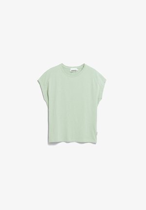 Light green short-sleeve crew neck t-shirt with raglan sleeves, laid flat against a white background.