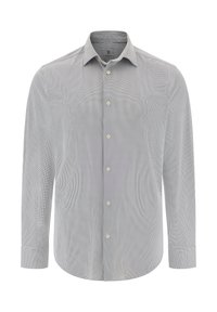 Camicia con maniche lunghe e bottoni di colore grigio chiaro con un piccolo motivo a scacchi, dotata di colletto all'americana e bottoni bianchi, realizzata in tessuto leggero.