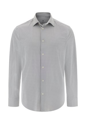 Košile s dlouhým rukávem v světle šedé barvě s jemným kostkovaným vzorem, s rozhalenkou a bílými knoflíky, vyrobená z lehkého materiálu.