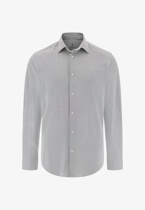Košile s dlouhým rukávem v světle šedé barvě s jemným kostkovaným vzorem, s rozhalenkou a bílými knoflíky, vyrobená z lehkého materiálu.