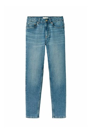 Hellblaue Denim-Jeans mit geradem Schnitt, fünf Taschen, genähten Akzenten und einem Knopfverschluss an der Taille.