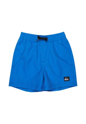 Niebieskie męskie kąpielówki z czarnym sznurkiem i małą czarną naszywką z logo na lewej nogawce.