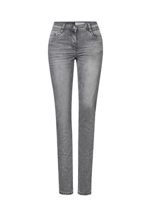 Graue Jeans aus Denim mit schlankem Schnitt, mittlerer Leibhöhe, Fünf-Taschen-Design und dezenten Auswaschungen für einen modernen Look.
