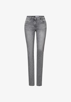 Jeans de mezclilla gris con un ajuste slim, cintura de media altura, diseño de cinco bolsillos y sutil desgaste para un look moderno.
