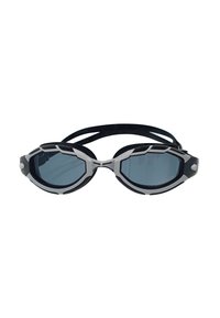 Zwarte en zilveren zwembril met getinte lenzen, rubberen frame en verstelbare zwarte band; heeft een gepolariseerde lensdetailing.