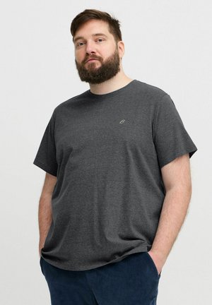 Dark gray cotton t-shirt with short sleeves, round neckline, and a small logo accent on the chest. Soft, casual fit.