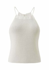Weißes gestricktes Trägershirt mit feinem, strukturiertem Muster, verstellbaren Trägern und taillierter Silhouette. Weicher, atmungsaktiver Stoff, geeignet für warmes Wetter.