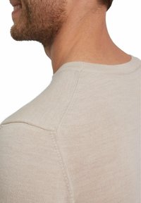 Helles beiges Strickpullover mit rundem Halsausschnitt. Verfügt über Raglanärmel und einen weichen, strukturierten Stoff. Saubere Nahtdetails sind sichtbar.