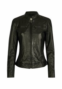 Black leather jacket with a high collar, two zippered chest pockets, and a fitted design. Features a smooth texture with minimal stitching details.