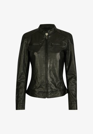 Juodas odinis švarkas su aukštu apykakle, dviem užtrauktukais uždarytomis krūtinėmis kišenėmis ir prigludusia forma. Yra švelni tekstūra su minimaliais siuvimo detalėmis.