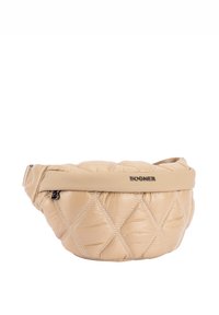 Pehmeästi tikattu beige vyölaukku, jossa on sileä nahkahihna. Siinä on diagonaaliset tikkauskuviot ja vetoketjullinen tasku. Logo näkyy edessä.