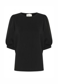Svart kortärmad topp i ett mjukt tyg med rund halsringning och puffärmar, med en avslappnad passform och minimala sömmar.