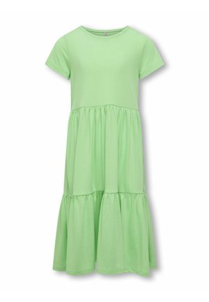 Abito verde chiaro a maniche corte con scollatura rotonda. Presenta una gonna a strati con dettagli arricciati. Tessuto morbido e liscio.