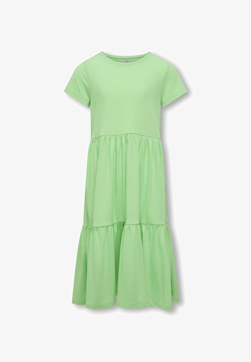 Abito verde chiaro a maniche corte con scollatura rotonda. Presenta una gonna a strati con dettagli arricciati. Tessuto morbido e liscio.