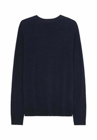 Maglione lavorato a maglia in blu scuro, con collo girocollo, maniche lunghe e polsini e orlo a coste. Tessuto morbido senza motivi visibili.