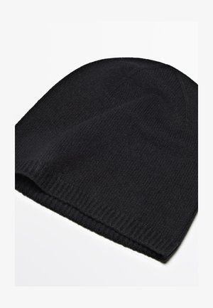 Schwarze gestrickte Mütze mit weicher Textur, abgerundetem Oberteil und geripptem Rand. Dicker Stoff bietet Wärme und Komfort.