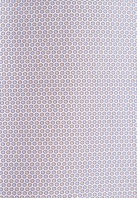 Stoff mit weißem Hintergrund, der ein sich wiederholendes Muster aus kleinen Kreisen in Blau und Braun zeigt. Glatte Textur, einheitliches Design.