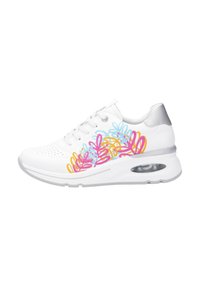 White athletic shoe with a colorful floral pattern in pink, blue, and yellow. Features a reflective silver accent and visible air cushioning.