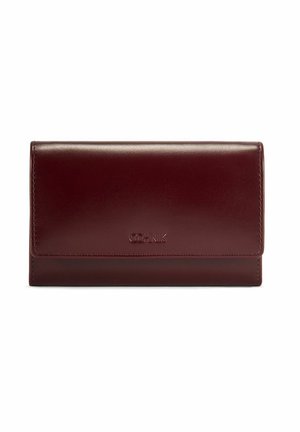 Burgundowa skórzana portmonetka o gładkiej fakturze, składanym designie i wytłoczonym logo z przodu. Posiada staranne przeszycia i minimalistyczny styl.