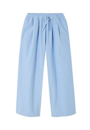 Šviesiai mėlyni plataus kirpimo kelnės iš minkštos medžiagos. Turi elastingą juosmenį su raišteliu ir laisvą siluetą, užtikrinantį komfortą.