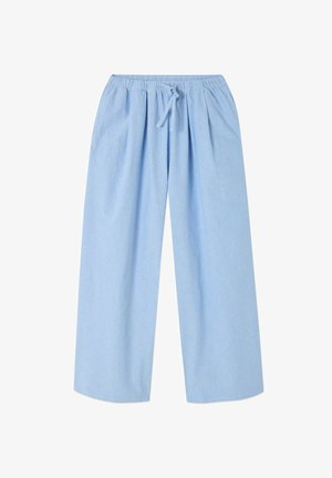 Šviesiai mėlyni plataus kirpimo kelnės iš minkštos medžiagos. Turi elastingą juosmenį su raišteliu ir laisvą siluetą, užtikrinantį komfortą.