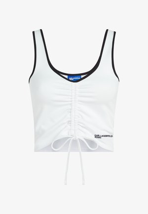 Top alb fără mâneci, lungime scurtă, cu margine neagră, cu fața adunată cu șnur reglabil și logo-ul „Karl Lagerfeld Jeans” în partea dreaptă jos.