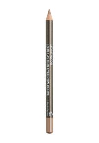 Brun ögonbrynspenna med spetsig spets, med en mörk träliknande design och silvertext som anger "Cedar Wood" och "Long Lasting."