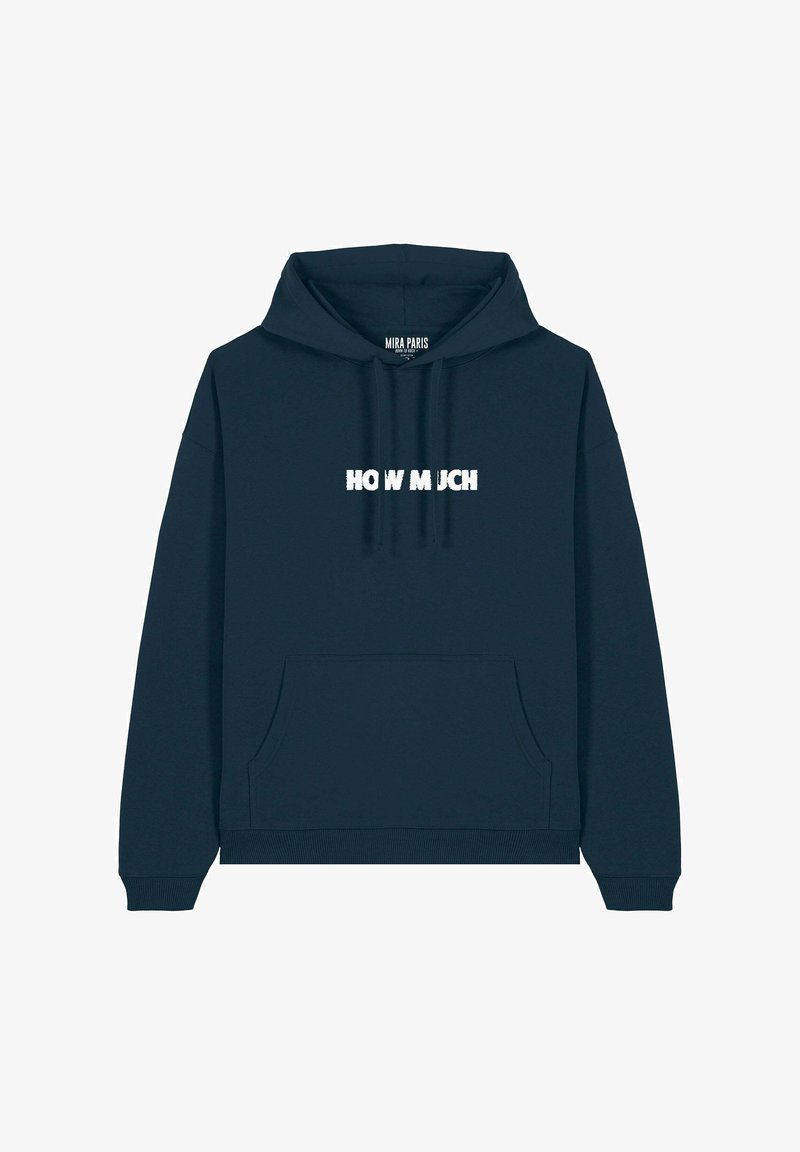 Hoodie bleu marine avec une poche avant, des cordons de serrage, et un texte blanc en gras disant "COMBIEN" sur la poitrine. Fabriqué en tissu en coton doux.