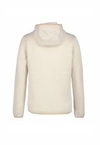 Felpa color crema con un motivo testurizzato e diagonale, dotata di cappuccio con cordini e polsini e orlo a costine. Nessun marchio visibile.