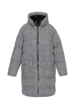 Czarna i biała puchowa kurtka w kratę, z kapturem, z przednim zamkiem, dwoma bocznymi kieszeniami i pikowanym wykończeniem.