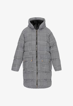 Czarna i biała puchowa kurtka w kratę, z kapturem, z przednim zamkiem, dwoma bocznymi kieszeniami i pikowanym wykończeniem.