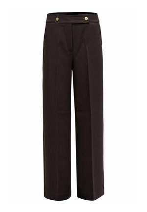 Pantalones de pierna ancha de tiro alto en marrón oscuro con dos botones dorados en la cintura y pliegues frontales prensados.