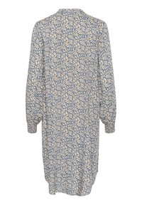 Vestido midi de manga larga con un patrón abstracto en azul y beige, puños elásticos y un cuello sencillo, visto desde atrás.
