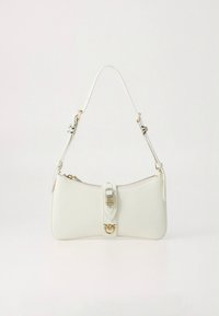 White leather handbag with a curved shape, featuring gold hardware accents, a zippered top, and a decorative buckle detail on the front.